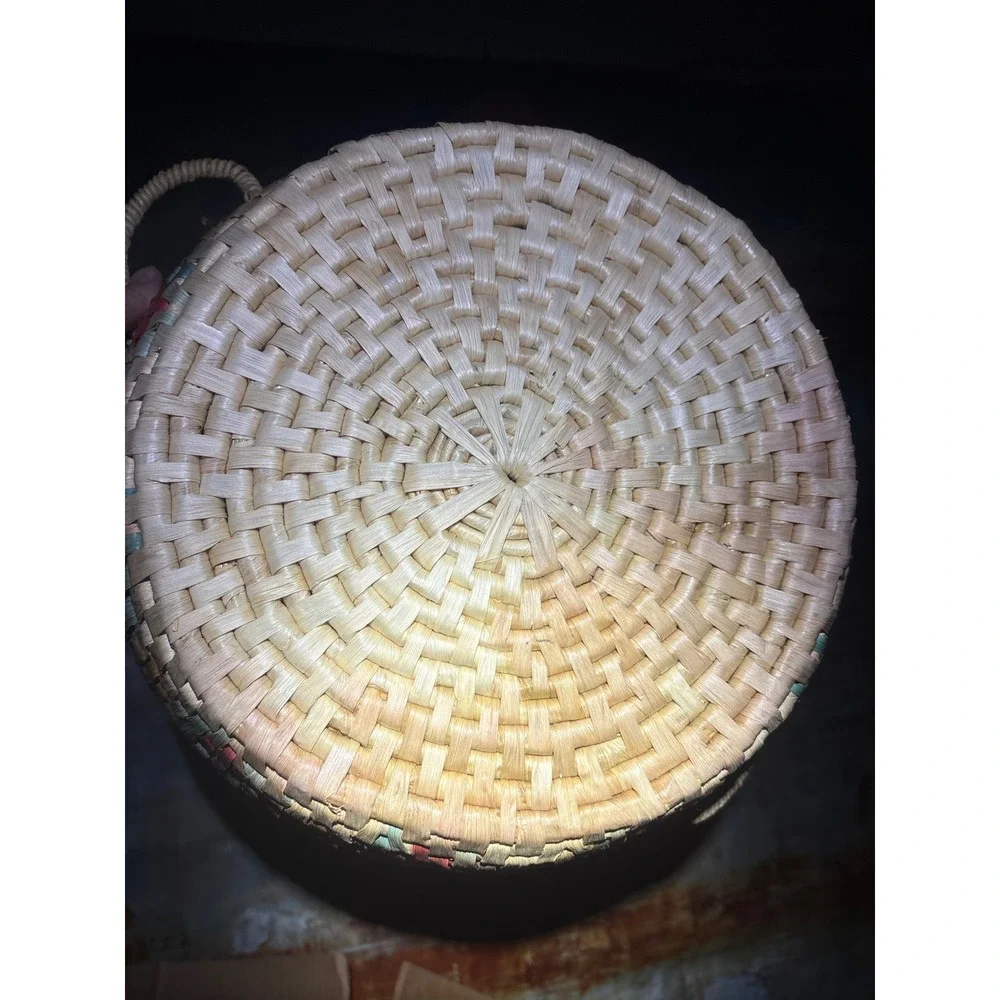 Vintage Handwoven Round Raffia Basket Tray Floral Geometric Pattern with Handles